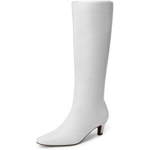Women White Knee High Boots 2 Inch Kitten Heel Square Toe Wide Calf Long Fall